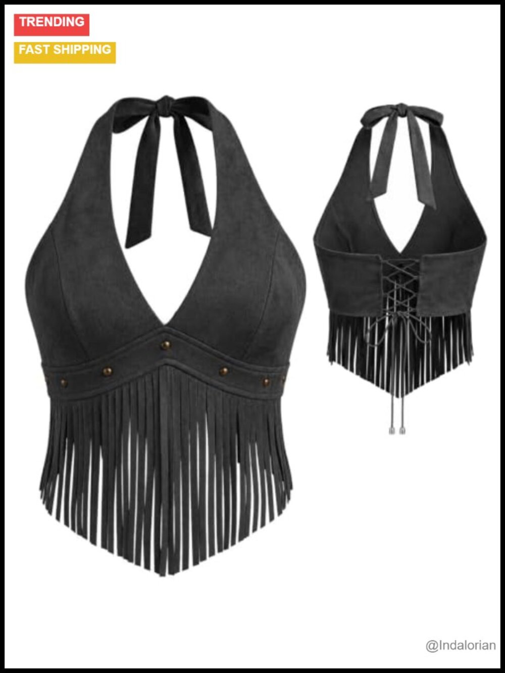 Faux Suede Fringe Halter Crop Top Lace Up Back Western Y2K